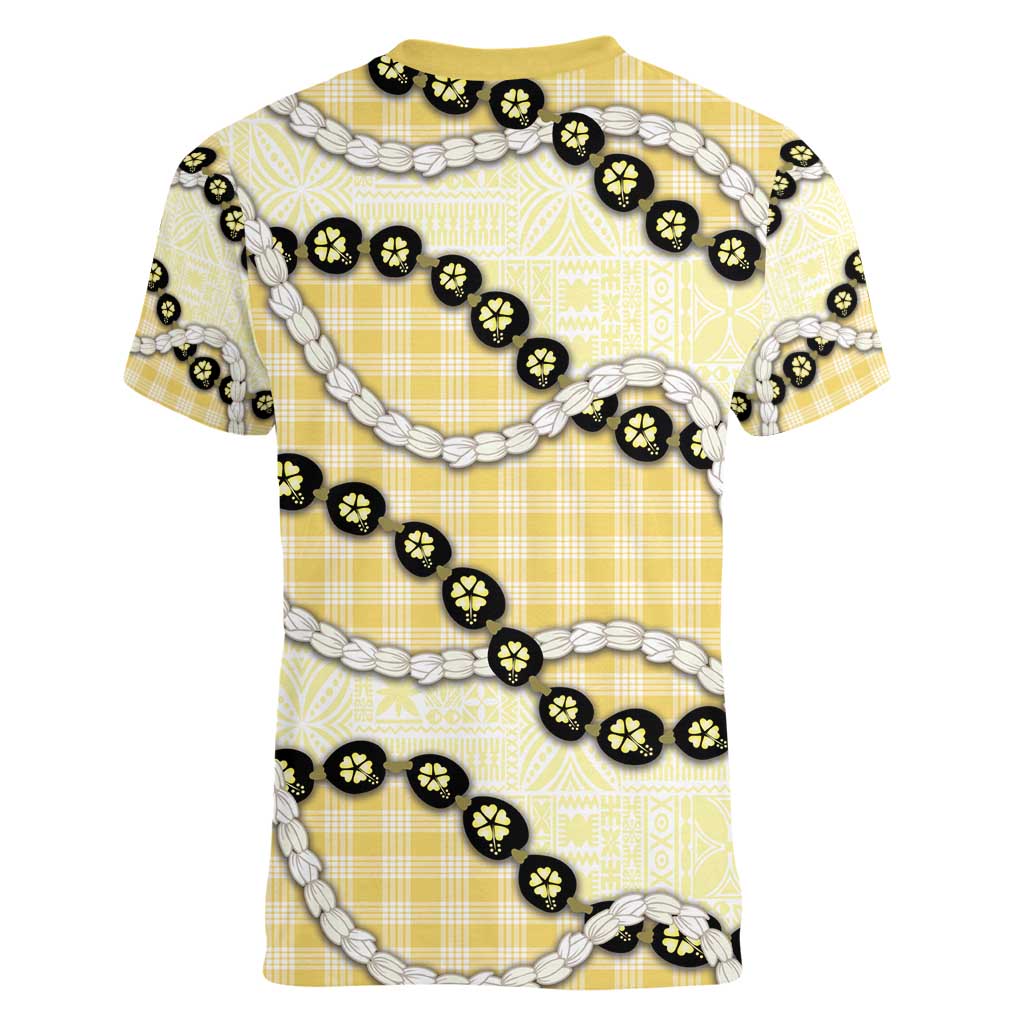 Yellow Palaka Hawaii Women V-Neck T-Shirt Kukui Nut Pikake Lei Hawaiian Tapa Pattern - Polynesian Pride