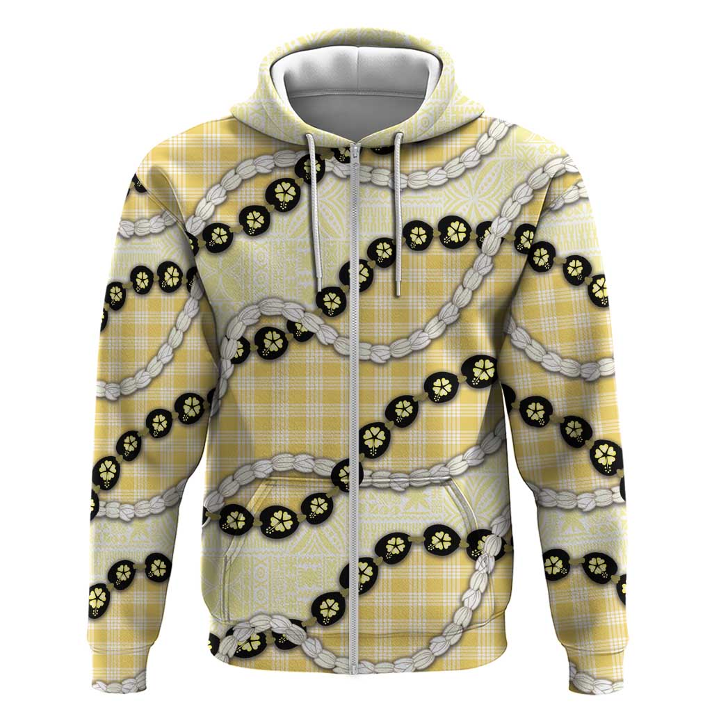 Yellow Palaka Hawaii Zip Hoodie Kukui Nut Pikake Lei Hawaiian Tapa Pattern - Polynesian Pride