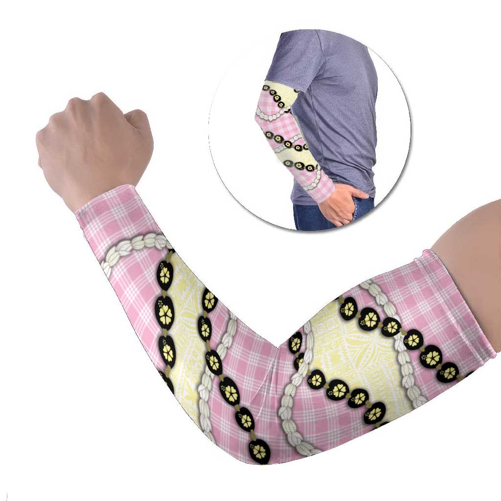 Pink Palaka Hawaii Arm Sleeves Kukui Nut Pikake Lei Hawaiian Tapa Pattern - Polynesian Pride