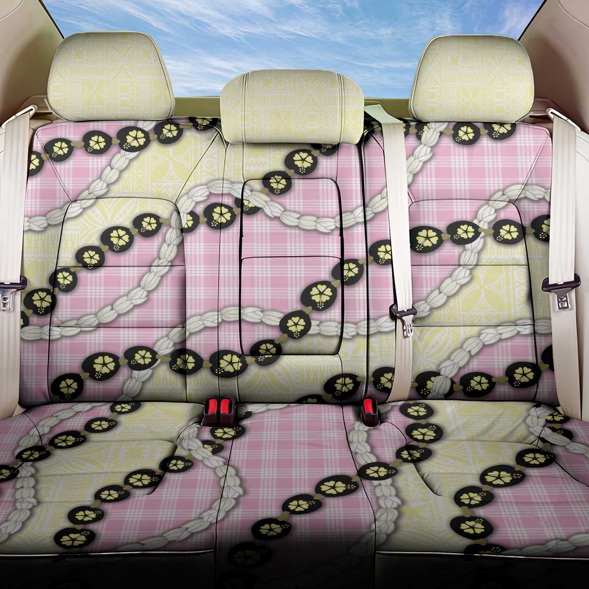 Pink Palaka Hawaii Back Car Seat Cover Kukui Nut Pikake Lei Hawaiian Tapa Pattern - Polynesian Pride