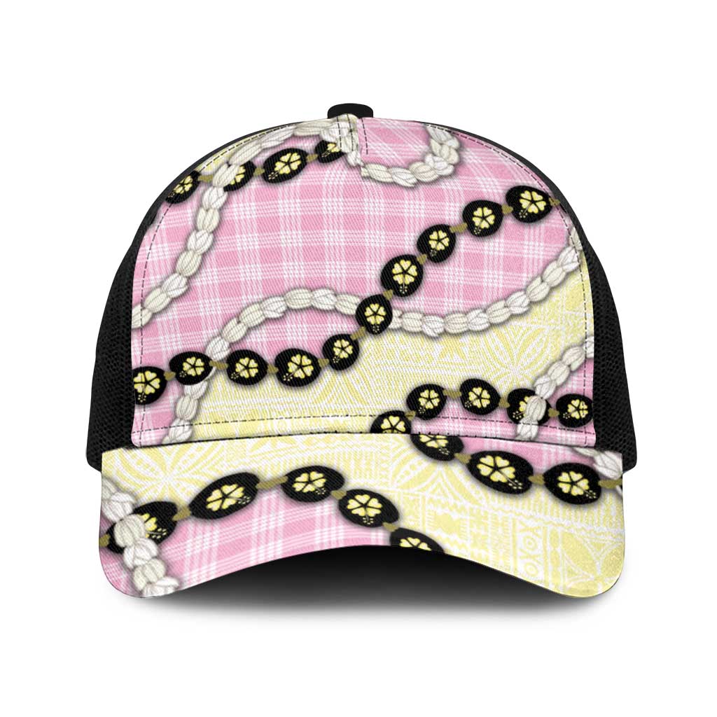 Pink Palaka Hawaii Baseball Net Cap Kukui Nut Pikake Lei Hawaiian Tapa Pattern - Polynesian Pride