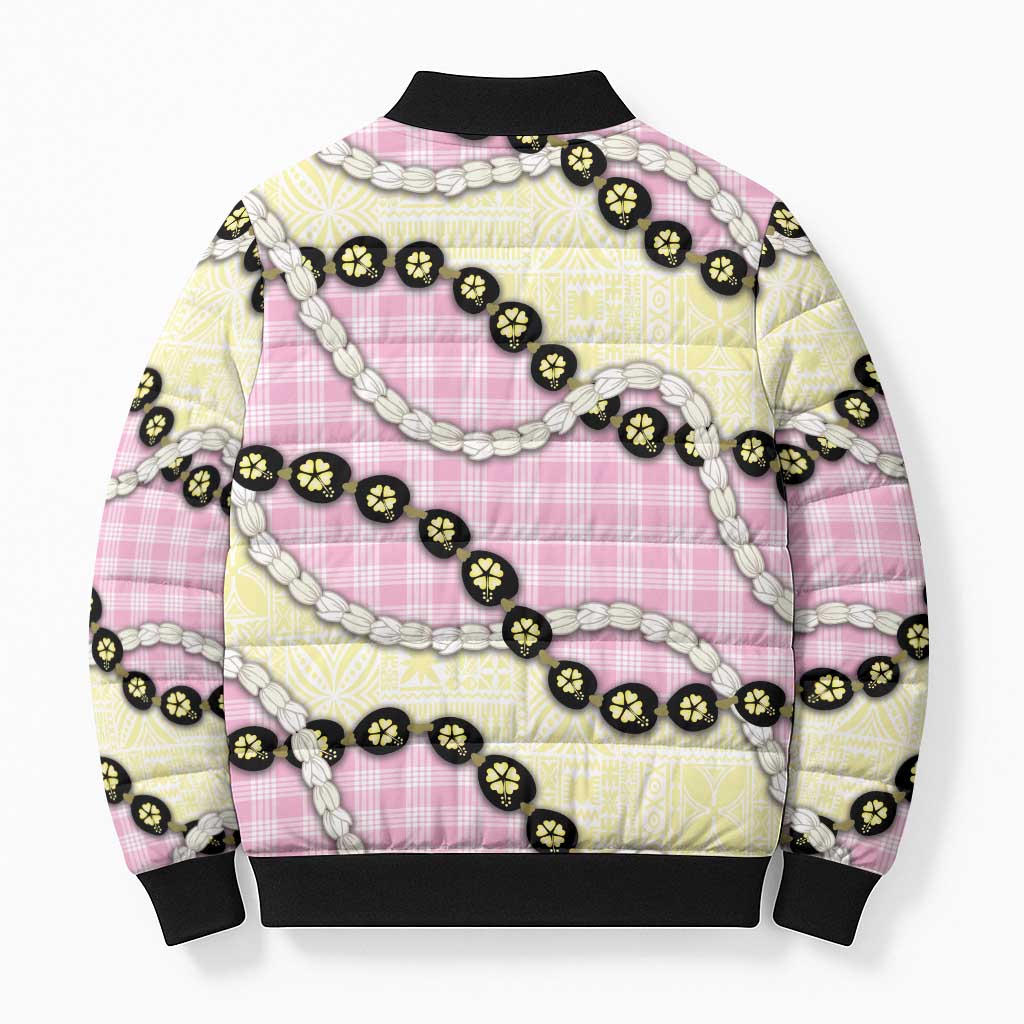 Pink Palaka Hawaii Bomber Puffer Jacket Kukui Nut Pikake Lei Hawaiian Tapa Pattern - Polynesian Pride
