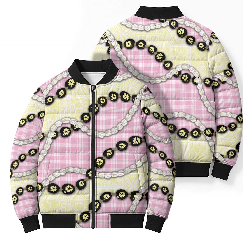 Pink Palaka Hawaii Bomber Puffer Jacket Kukui Nut Pikake Lei Hawaiian Tapa Pattern - Polynesian Pride