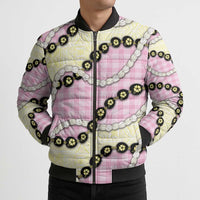 Pink Palaka Hawaii Bomber Puffer Jacket Kukui Nut Pikake Lei Hawaiian Tapa Pattern - Polynesian Pride