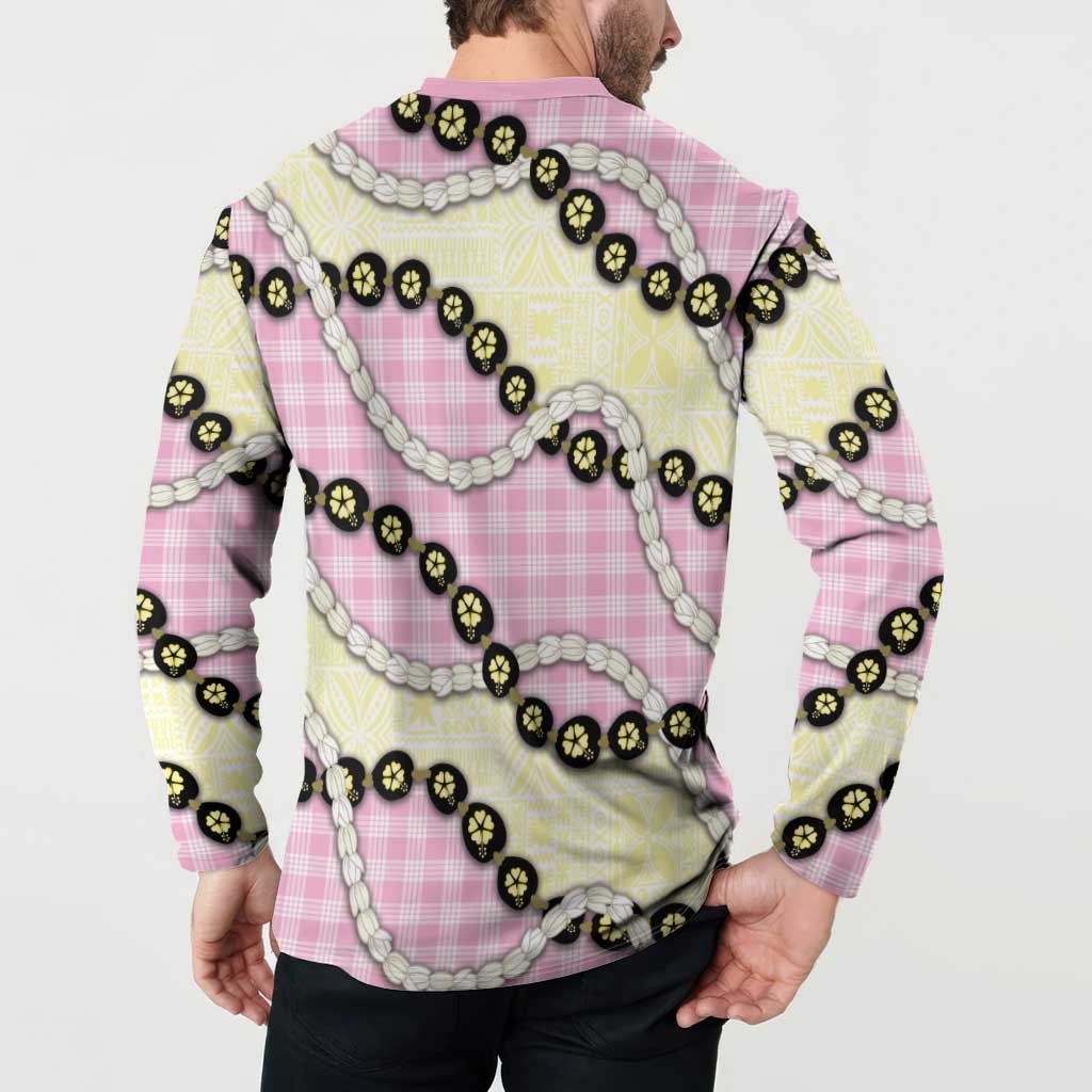 Pink Palaka Hawaii Button Sweatshirt Kukui Nut Pikake Lei Hawaiian Tapa Pattern - Polynesian Pride
