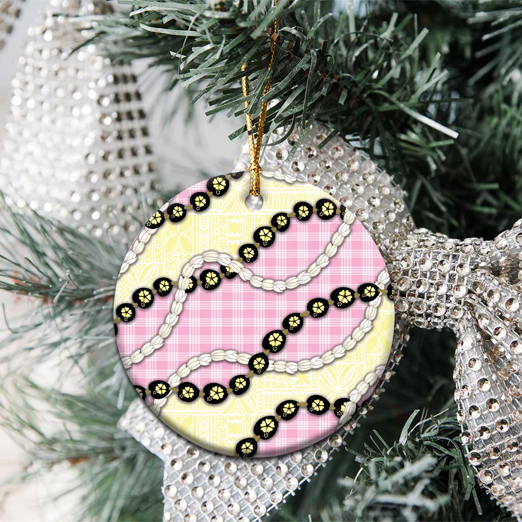 Pink Palaka Hawaii Ceramic Ornament Kukui Nut Pikake Lei Hawaiian Tapa Pattern - Polynesian Pride