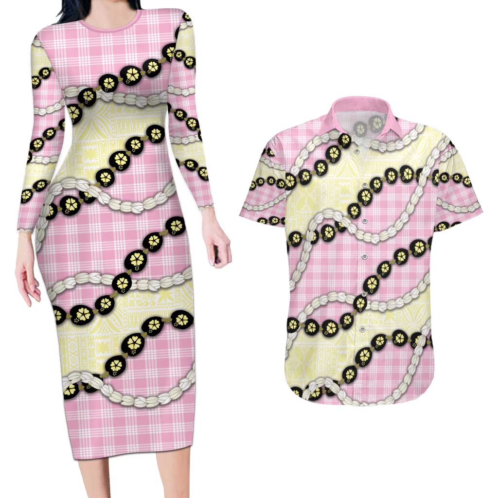 Pink Palaka Hawaii Couples Matching Long Sleeve Bodycon Dress and Hawaiian Shirt Kukui Nut Pikake Lei Hawaiian Tapa Pattern - Polynesian Pride