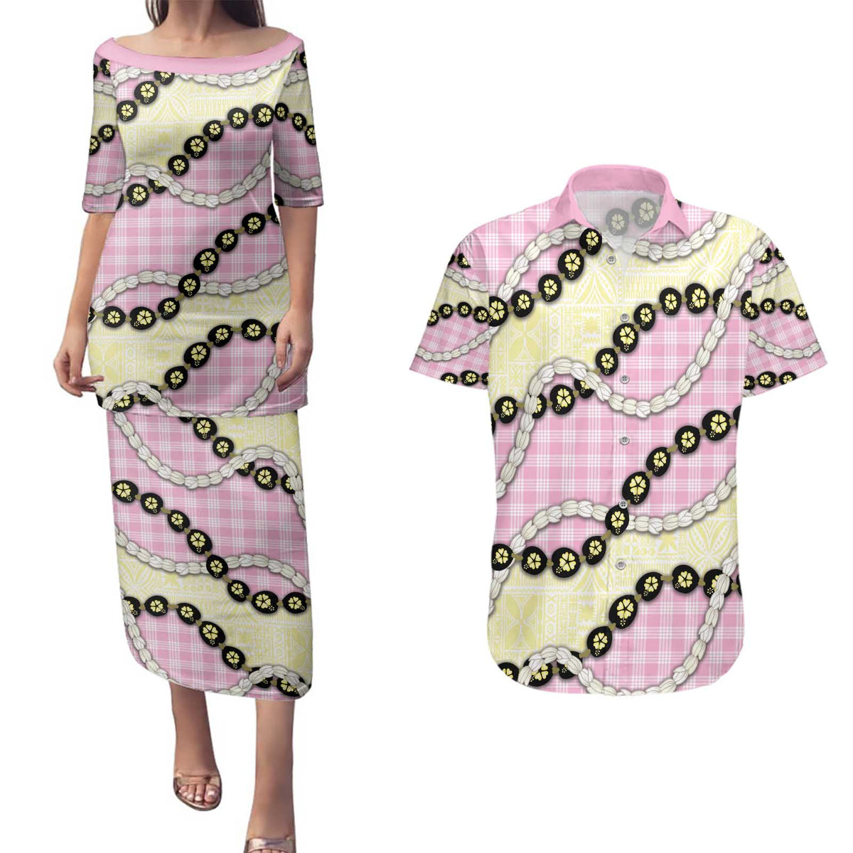 Pink Palaka Hawaii Couples Matching Puletasi and Hawaiian Shirt Kukui Nut Pikake Lei Hawaiian Tapa Pattern - Polynesian Pride