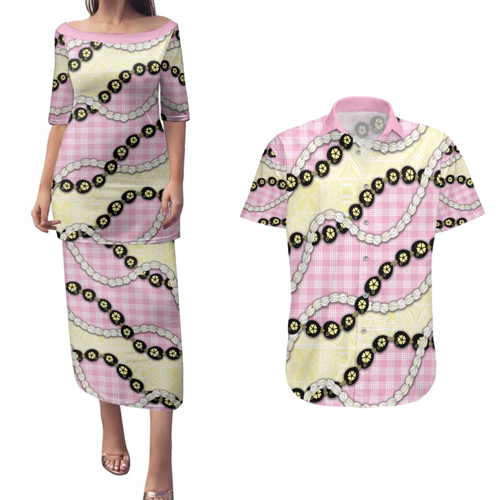 Pink Palaka Hawaii Couples Matching Puletasi and Hawaiian Shirt Kukui Nut Pikake Lei Hawaiian Tapa Pattern - Polynesian Pride