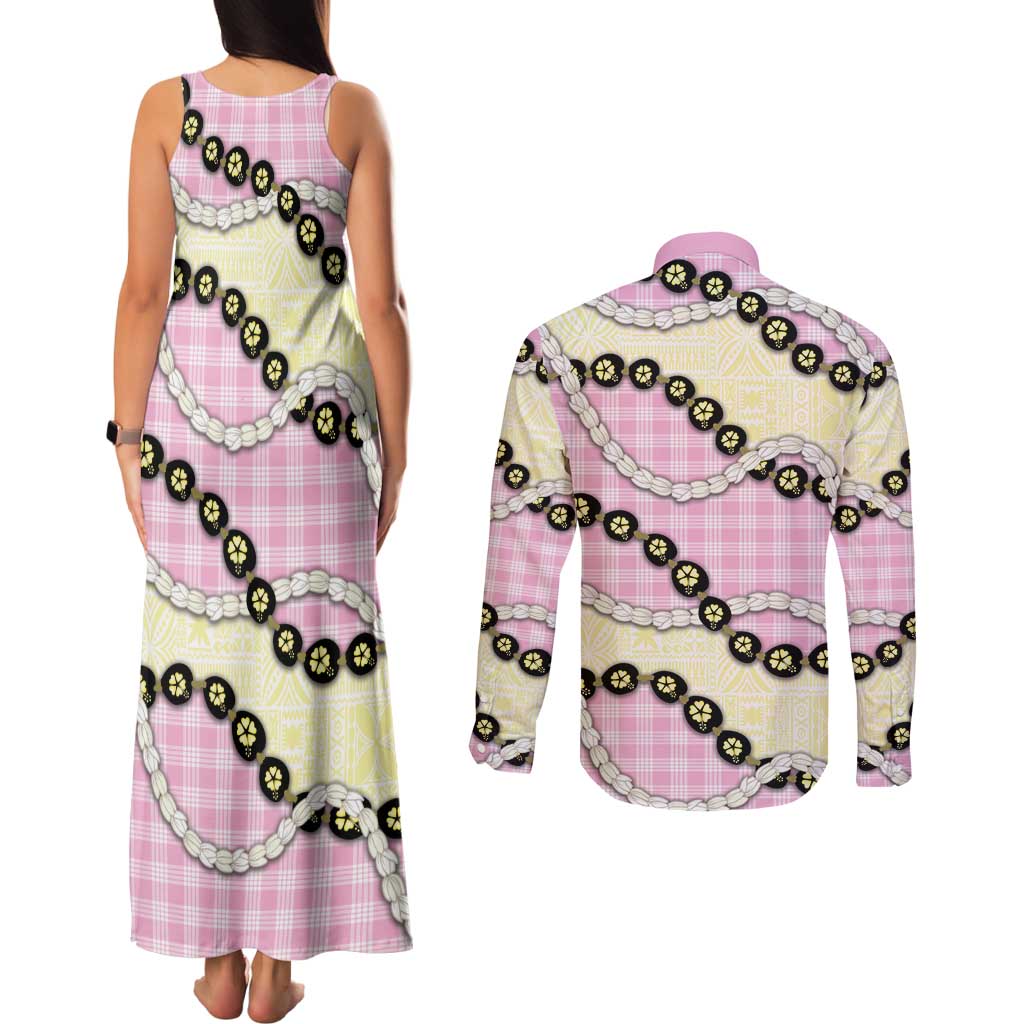 Pink Palaka Hawaii Couples Matching Tank Maxi Dress and Long Sleeve Button Shirt Kukui Nut Pikake Lei Hawaiian Tapa Pattern - Polynesian Pride