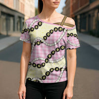 Pink Palaka Hawaii Cross Shoulder Shirt Kukui Nut Pikake Lei Hawaiian Tapa Pattern - Polynesian Pride