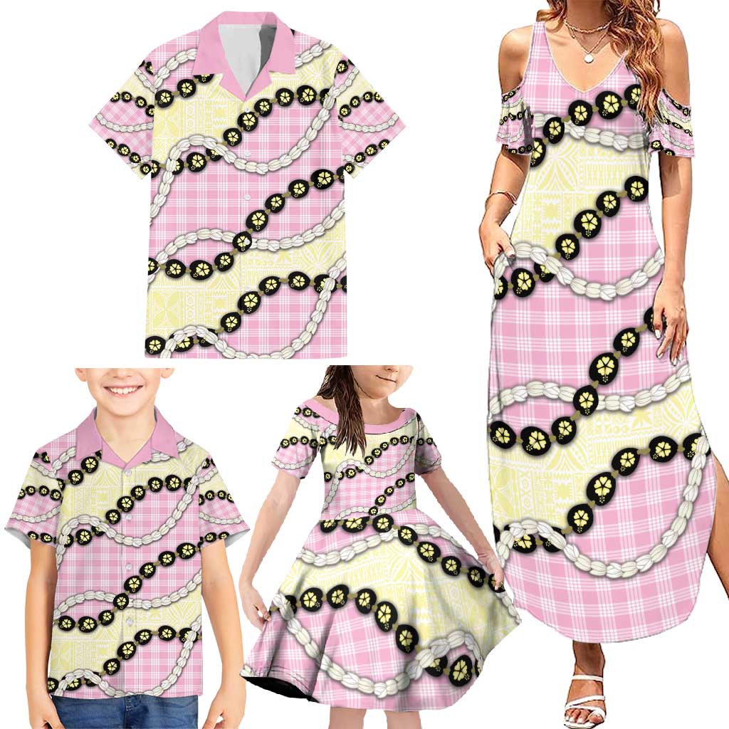 Pink Palaka Hawaii Family Matching Summer Maxi Dress and Hawaiian Shirt Kukui Nut Pikake Lei Hawaiian Tapa Pattern - Polynesian Pride