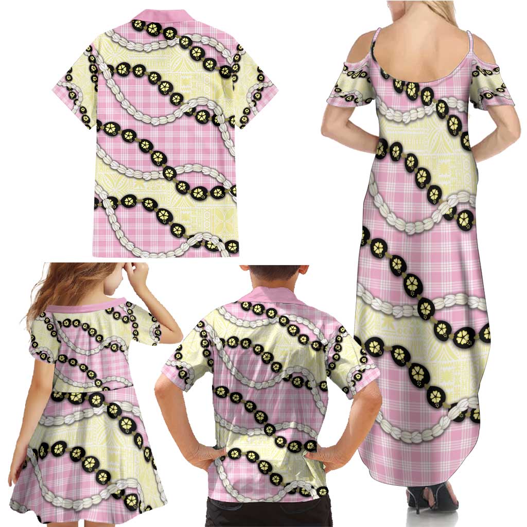 Pink Palaka Hawaii Family Matching Summer Maxi Dress and Hawaiian Shirt Kukui Nut Pikake Lei Hawaiian Tapa Pattern - Polynesian Pride
