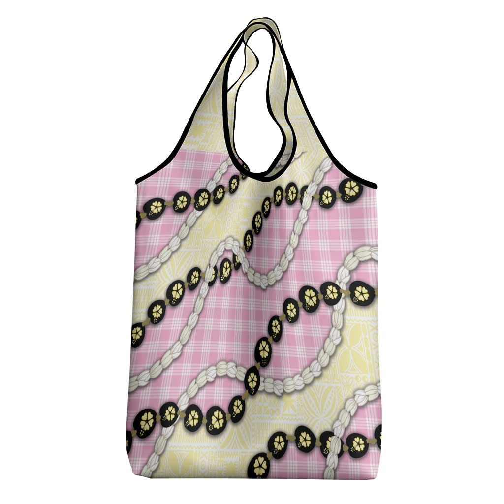 Pink Palaka Hawaii Grocery Bag Kukui Nut Pikake Lei Hawaiian Tapa Pattern - Polynesian Pride