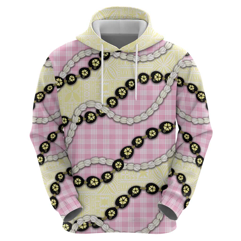 Pink Palaka Hawaii Hoodie Kukui Nut Pikake Lei Hawaiian Tapa Pattern - Polynesian Pride
