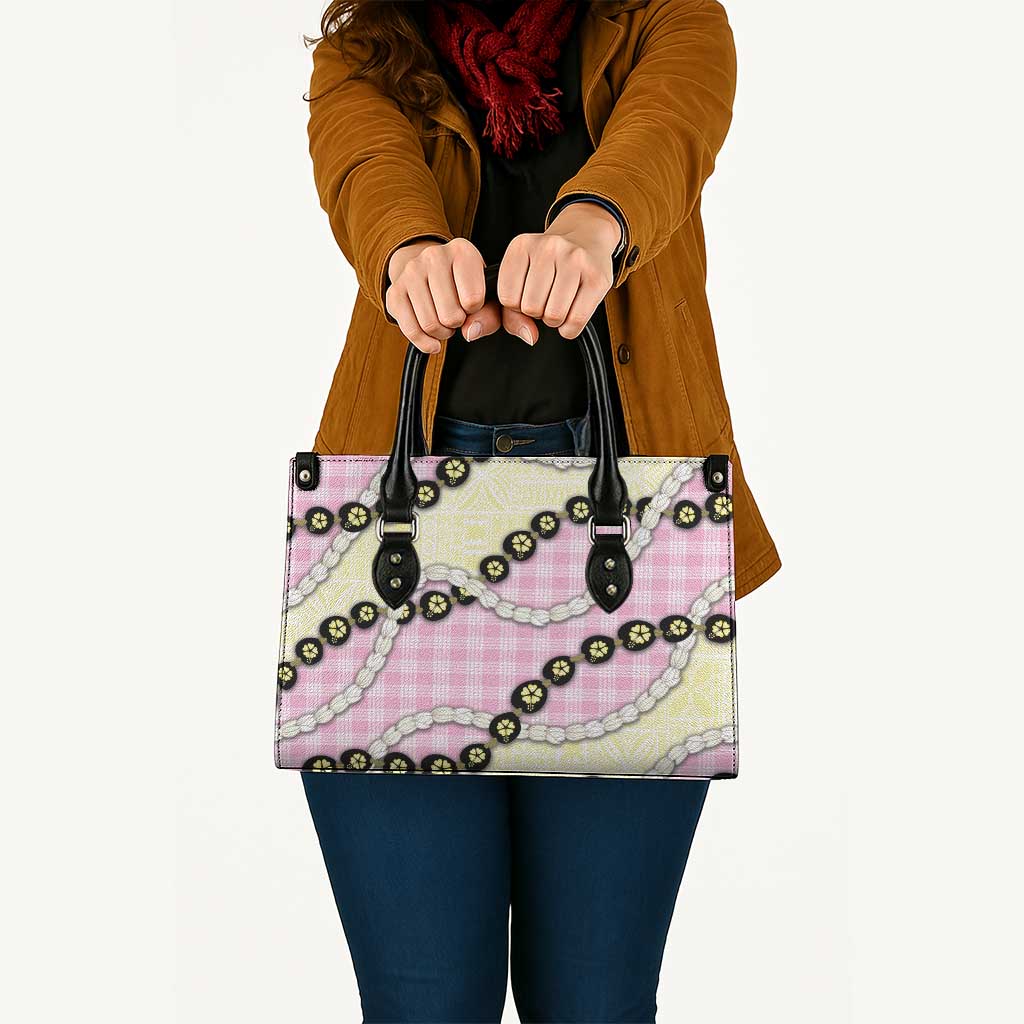 Pink Palaka Hawaii Leather Bag Kukui Nut Pikake Lei Hawaiian Tapa Pattern - Polynesian Pride