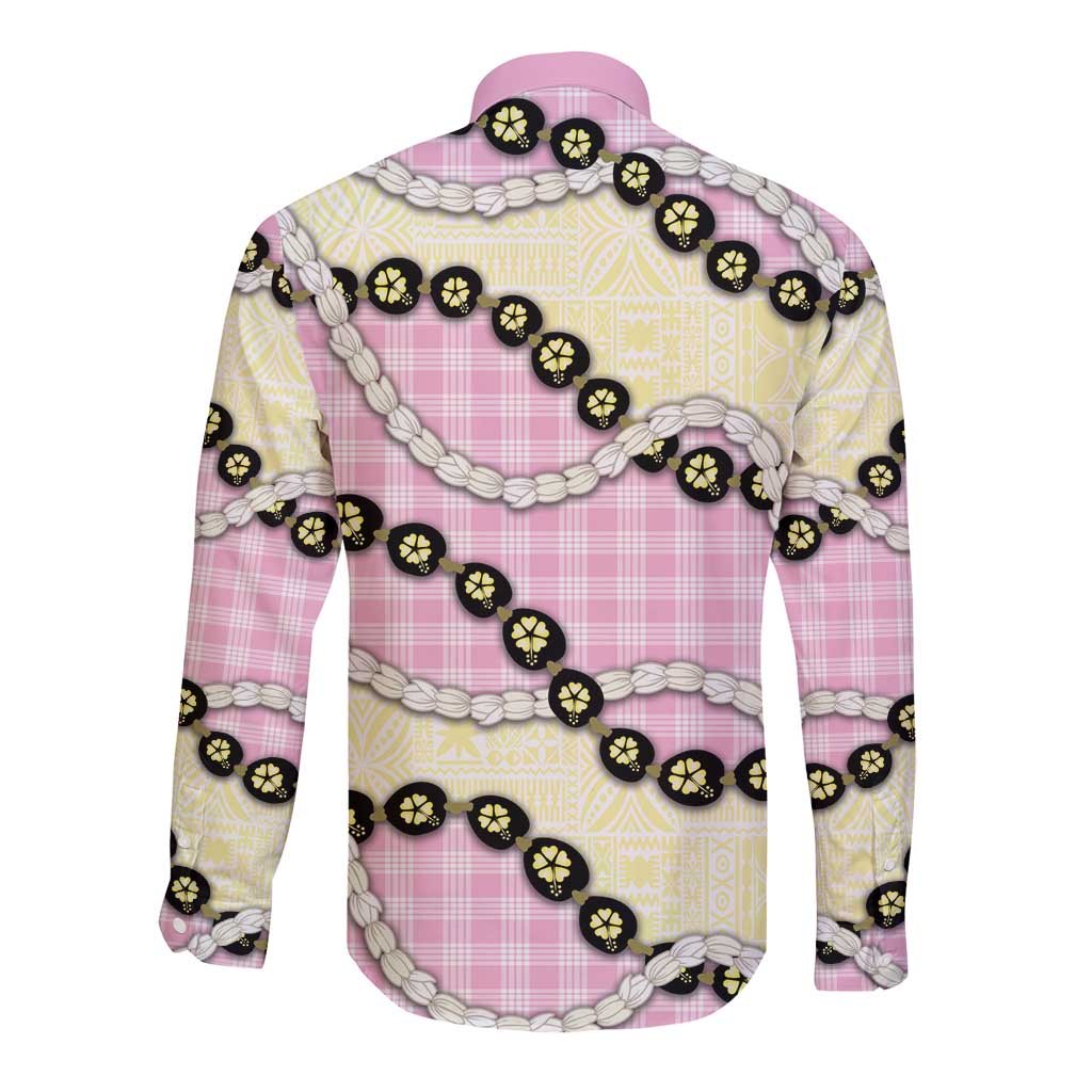 Pink Palaka Hawaii Long Sleeve Button Shirt Kukui Nut Pikake Lei Hawaiian Tapa Pattern - Polynesian Pride