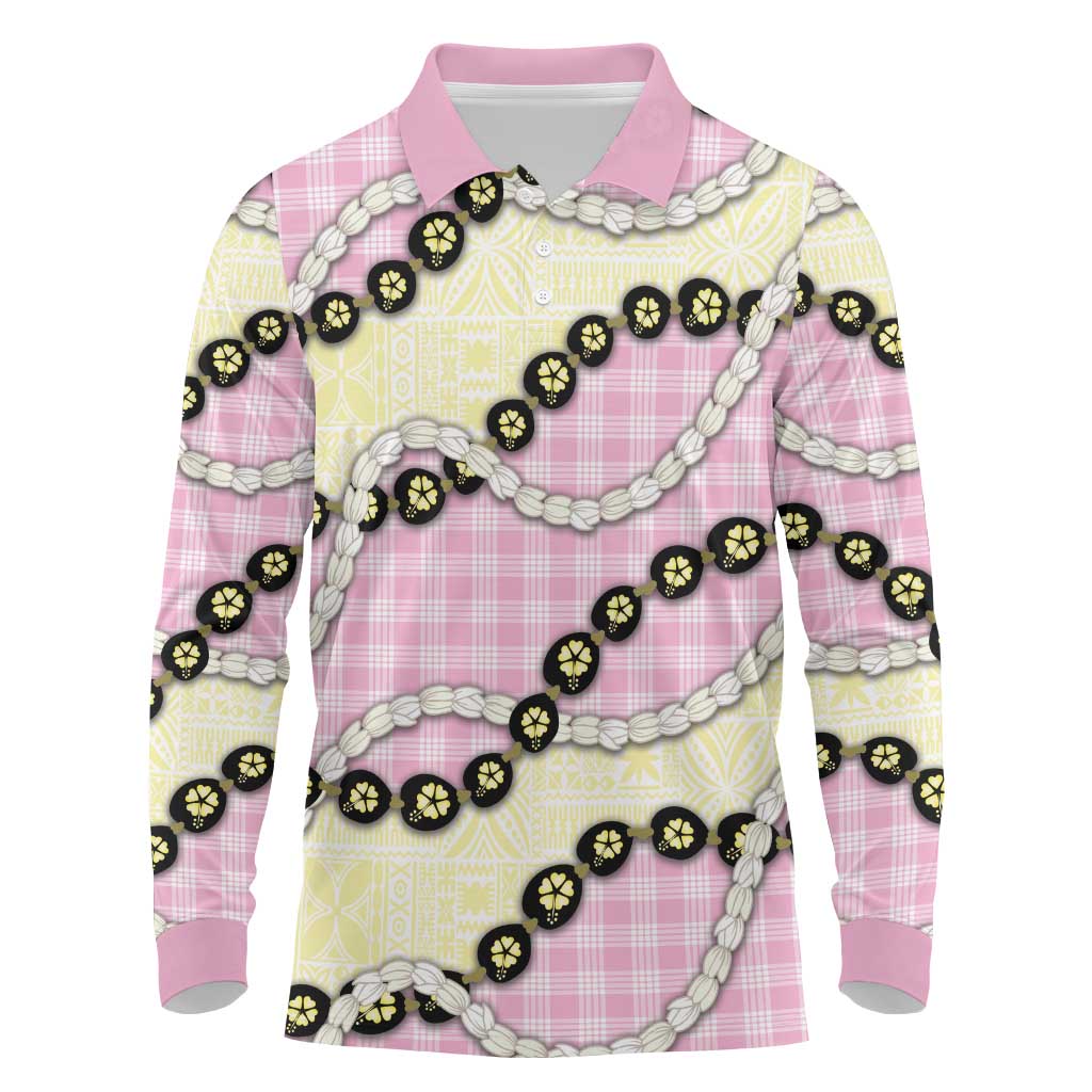 Pink Palaka Hawaii Long Sleeve Polo Shirt Kukui Nut Pikake Lei Hawaiian Tapa Pattern - Polynesian Pride