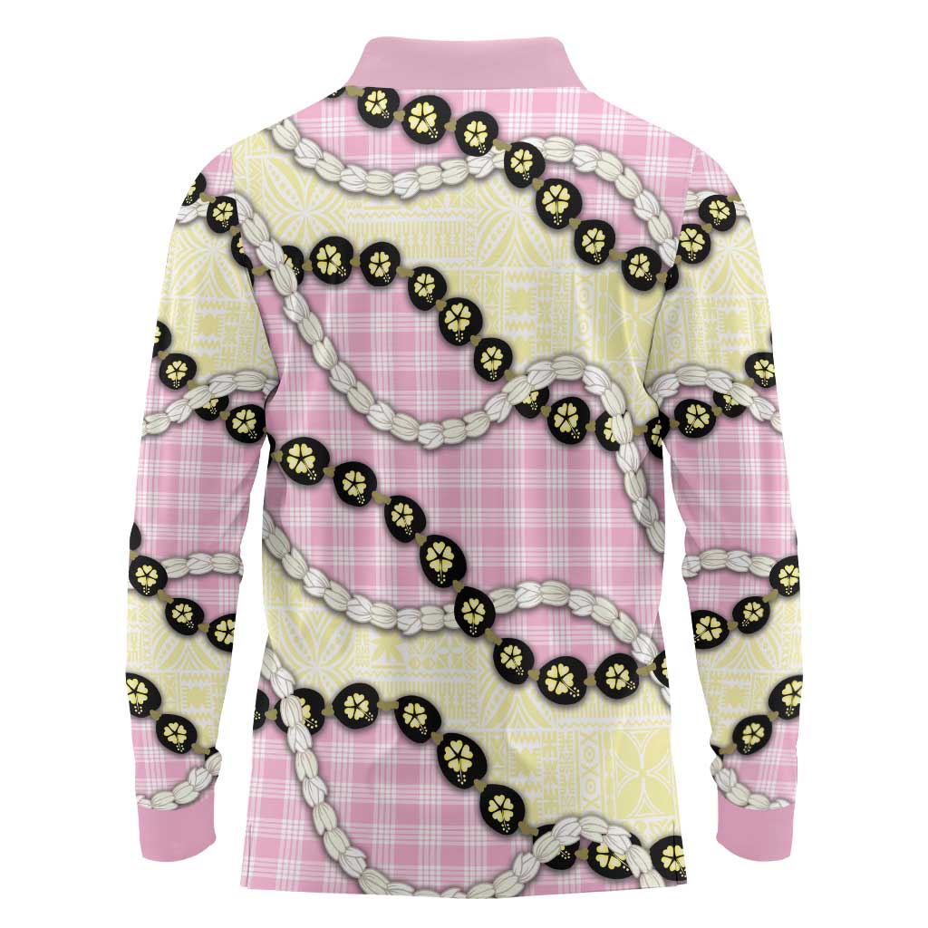 Pink Palaka Hawaii Long Sleeve Polo Shirt Kukui Nut Pikake Lei Hawaiian Tapa Pattern - Polynesian Pride