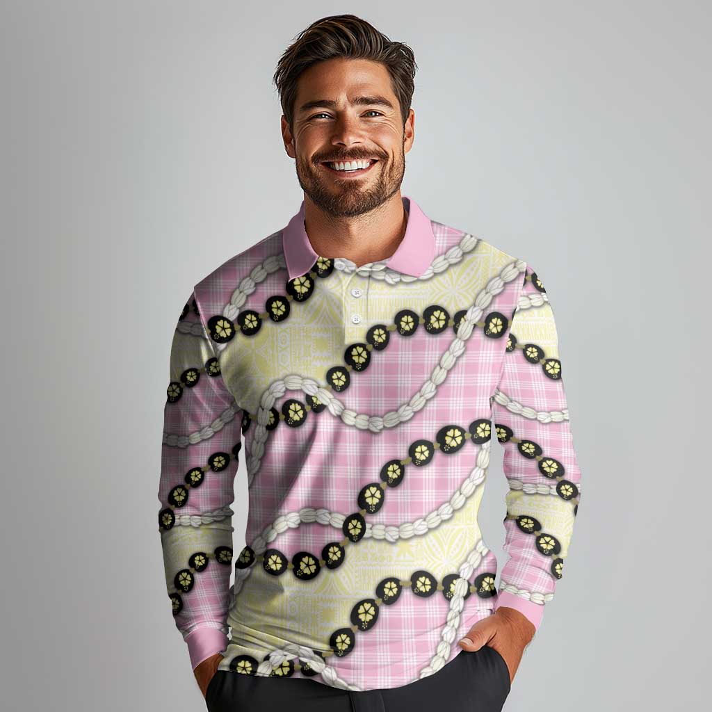 Pink Palaka Hawaii Long Sleeve Polo Shirt Kukui Nut Pikake Lei Hawaiian Tapa Pattern - Polynesian Pride