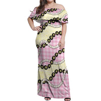 Pink Palaka Hawaii Off Shoulder Maxi Dress Kukui Nut Pikake Lei Hawaiian Tapa Pattern - Polynesian Pride