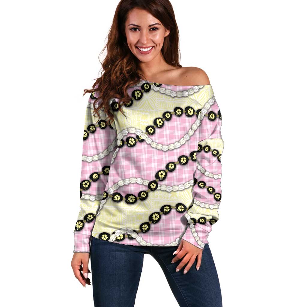 Pink Palaka Hawaii Off Shoulder Sweater Kukui Nut Pikake Lei Hawaiian Tapa Pattern - Polynesian Pride