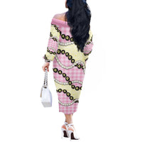 Pink Palaka Hawaii Off The Shoulder Long Sleeve Dress Kukui Nut Pikake Lei Hawaiian Tapa Pattern - Polynesian Pride