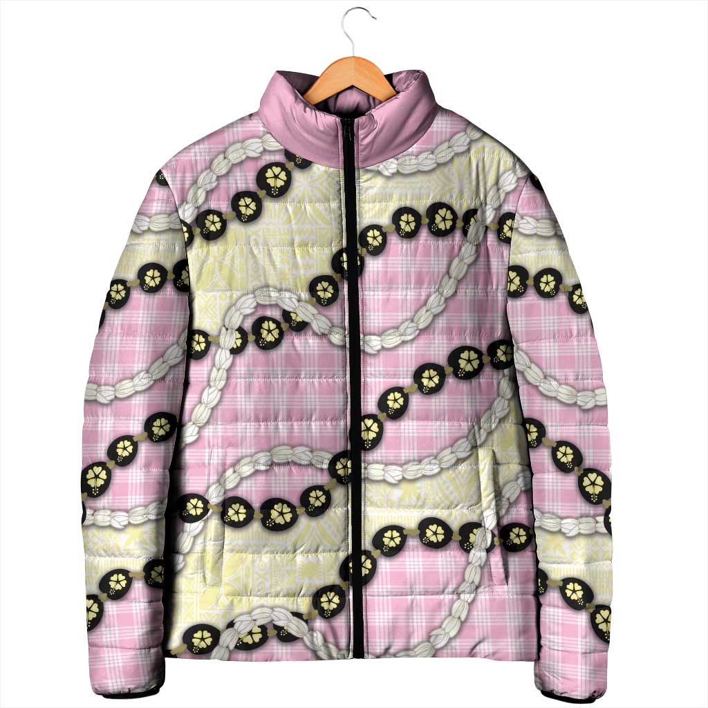 Pink Palaka Hawaii Padded Jacket Kukui Nut Pikake Lei Hawaiian Tapa Pattern - Polynesian Pride
