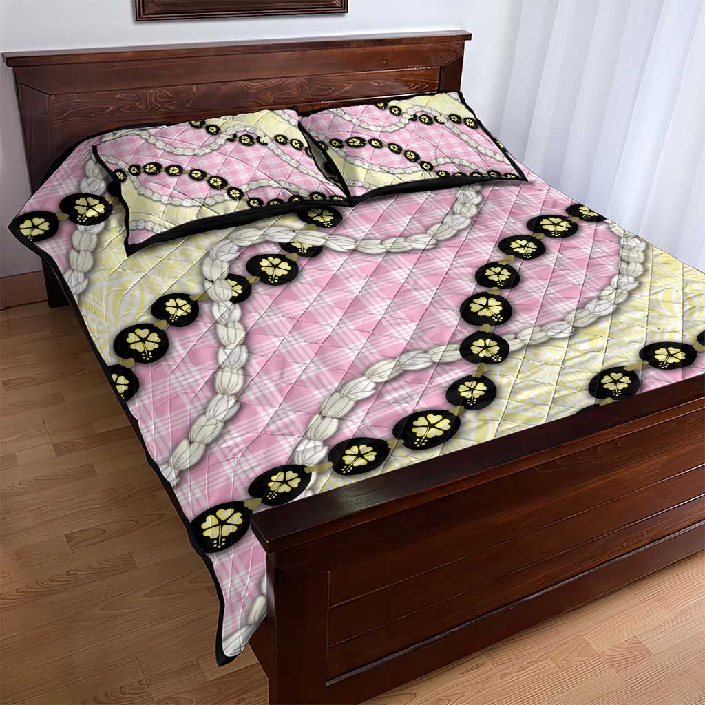 Pink Palaka Hawaii Quilt Bed Set Kukui Nut Pikake Lei Hawaiian Tapa Pattern - Polynesian Pride