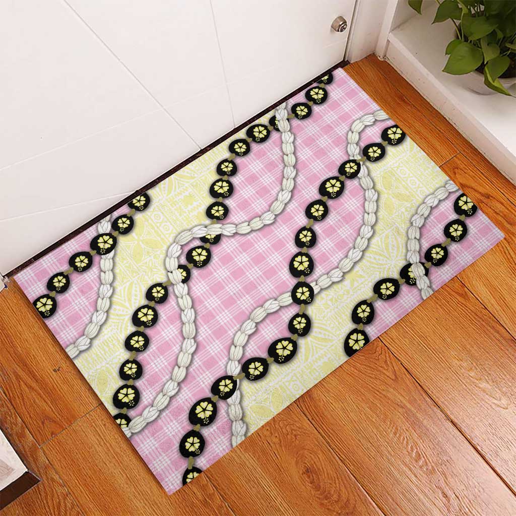 Pink Palaka Hawaii Rubber Doormat Kukui Nut Pikake Lei Hawaiian Tapa Pattern - Polynesian Pride
