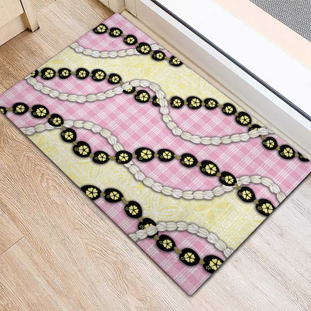 Pink Palaka Hawaii Rubber Doormat Kukui Nut Pikake Lei Hawaiian Tapa Pattern - Polynesian Pride