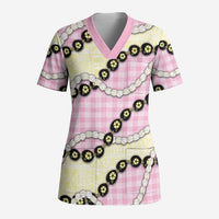 Pink Palaka Hawaii Scrub Top Kukui Nut Pikake Lei Hawaiian Tapa Pattern - Polynesian Pride