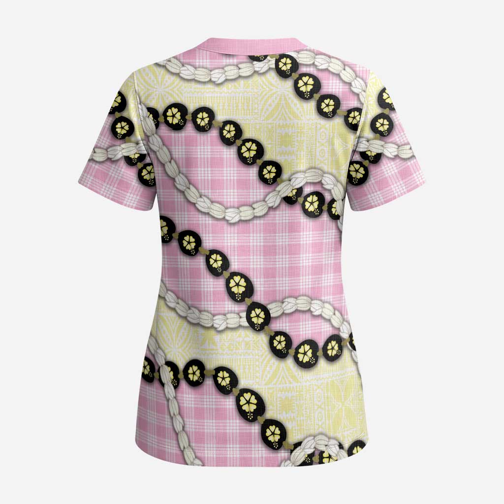 Pink Palaka Hawaii Scrub Top Kukui Nut Pikake Lei Hawaiian Tapa Pattern - Polynesian Pride