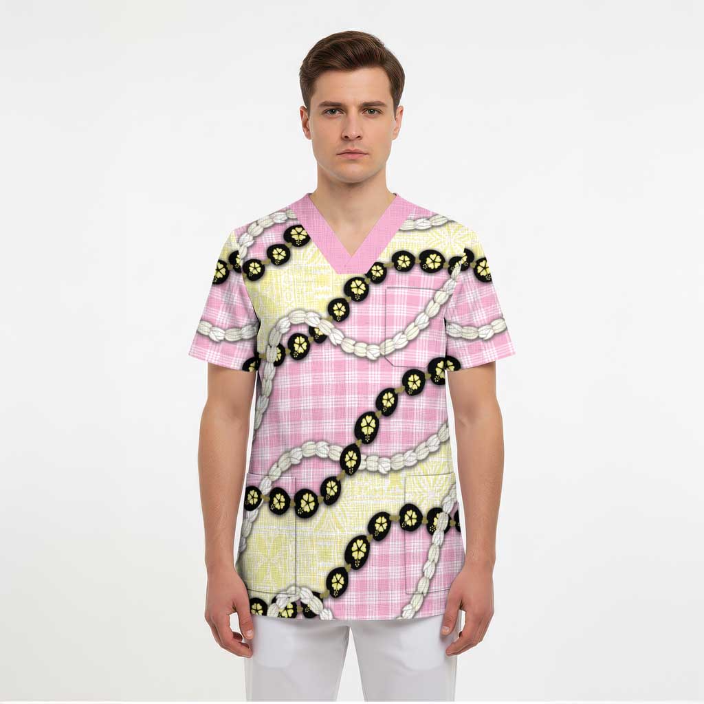Pink Palaka Hawaii Scrub Top Kukui Nut Pikake Lei Hawaiian Tapa Pattern - Polynesian Pride