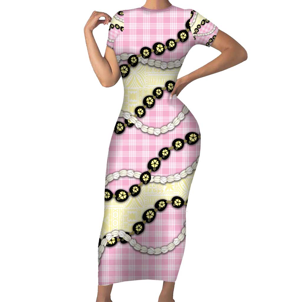 Pink Palaka Hawaii Short Sleeve Bodycon Dress Kukui Nut Pikake Lei Hawaiian Tapa Pattern - Polynesian Pride