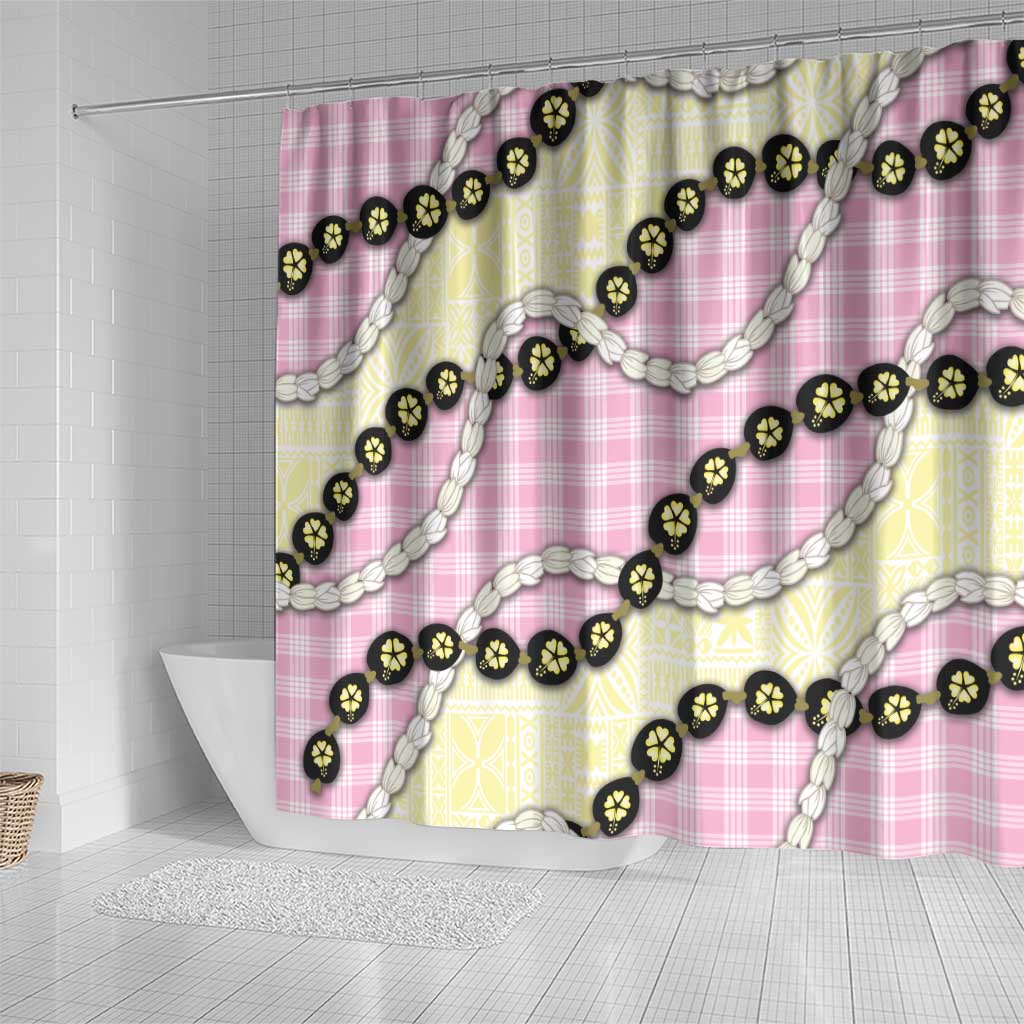 Pink Palaka Hawaii Shower Curtain Kukui Nut Pikake Lei Hawaiian Tapa Pattern - Polynesian Pride