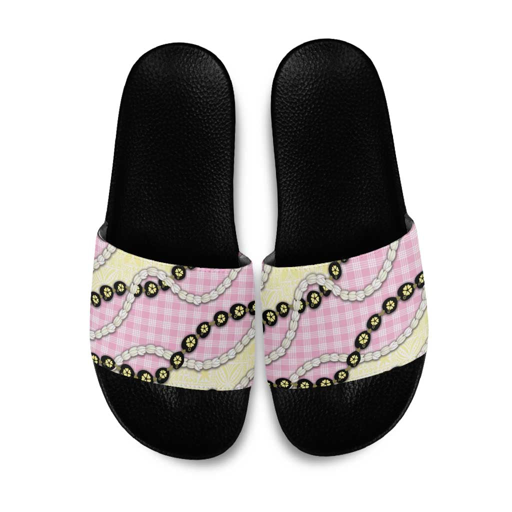 Pink Palaka Hawaii Slide Sandals Kukui Nut Pikake Lei Hawaiian Tapa Pattern LT14 Pink - Polynesian Pride