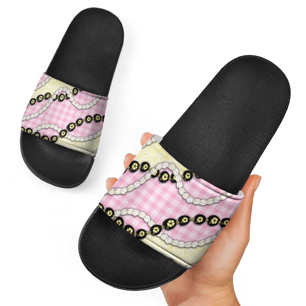 Pink Palaka Hawaii Slide Sandals Kukui Nut Pikake Lei Hawaiian Tapa Pattern - Polynesian Pride