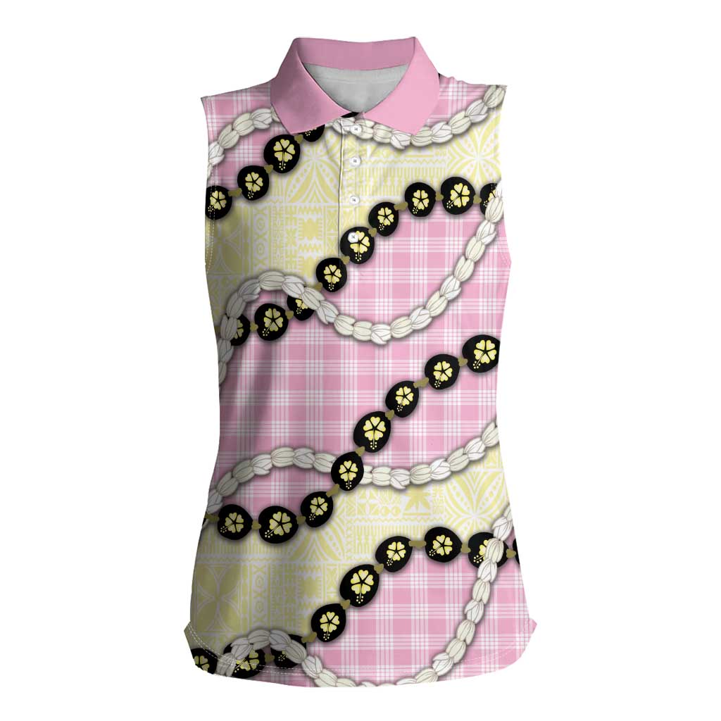 Pink Palaka Hawaii Women Sleeveless Polo Shirt Kukui Nut Pikake Lei Hawaiian Tapa Pattern - Polynesian Pride