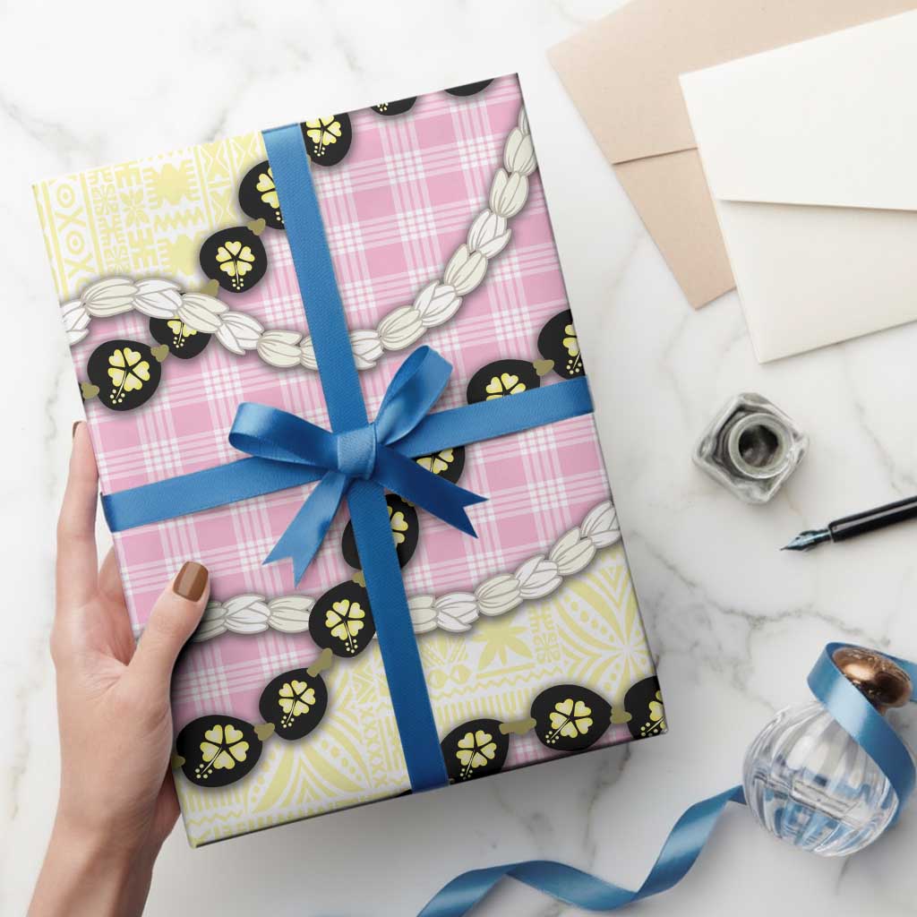 Pink Palaka Hawaii Wrapping Paper Kukui Nut Pikake Lei Hawaiian Tapa Pattern - Polynesian Pride