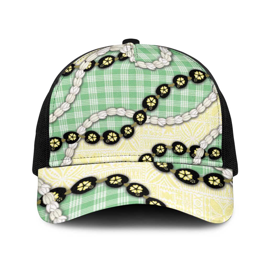 Green Palaka Hawaii Baseball Net Cap Kukui Nut Pikake Lei Hawaiian Tapa Pattern - Polynesian Pride