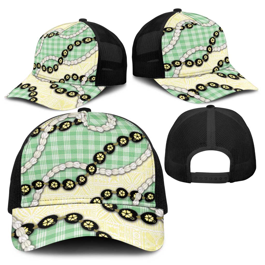 Green Palaka Hawaii Baseball Net Cap Kukui Nut Pikake Lei Hawaiian Tapa Pattern - Polynesian Pride