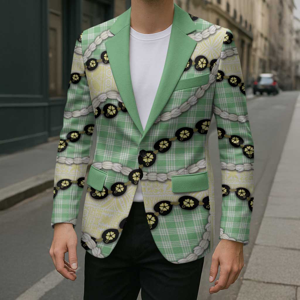 Green Palaka Hawaii Blazer Kukui Nut Pikake Lei Hawaiian Tapa Pattern - Polynesian Pride