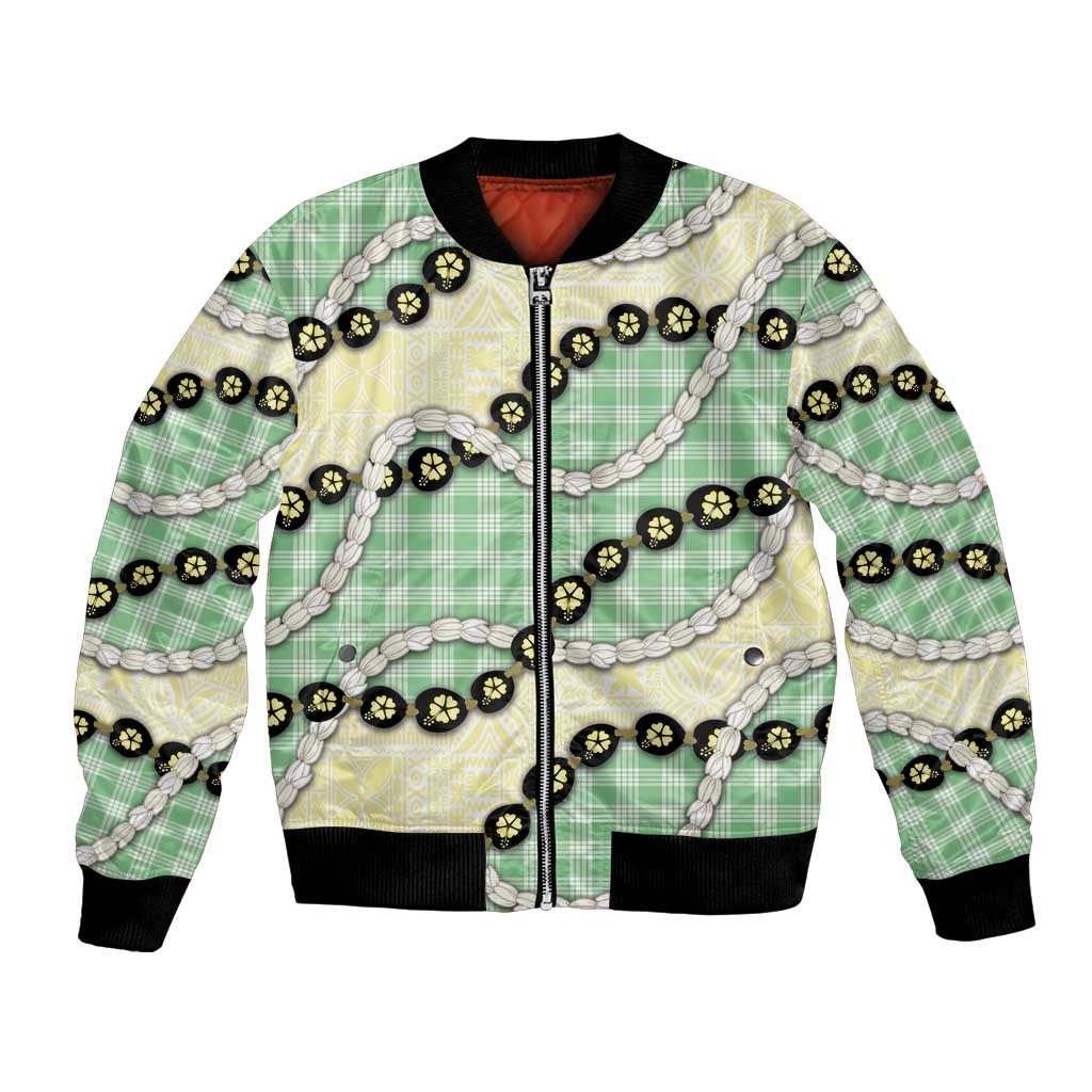 Green Palaka Hawaii Bomber Jacket Kukui Nut Pikake Lei Hawaiian Tapa Pattern - Polynesian Pride