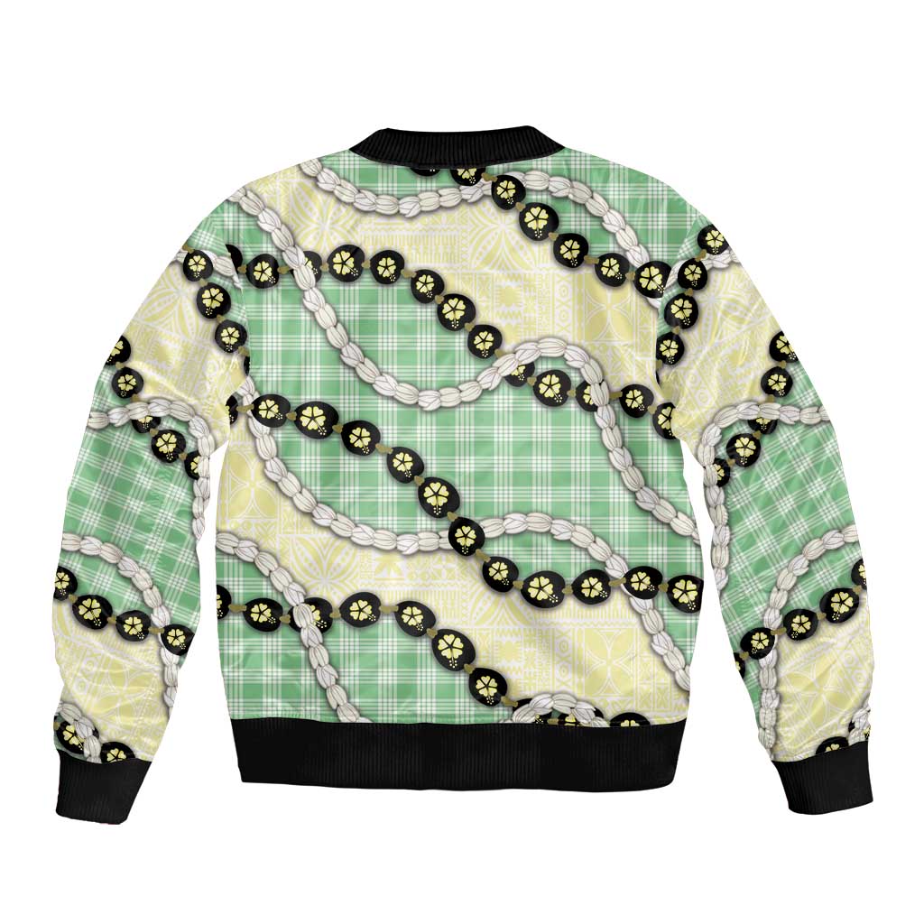 Green Palaka Hawaii Bomber Jacket Kukui Nut Pikake Lei Hawaiian Tapa Pattern - Polynesian Pride