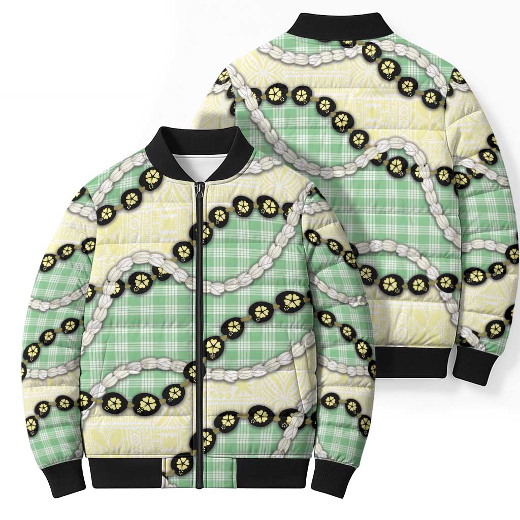 Green Palaka Hawaii Bomber Puffer Jacket Kukui Nut Pikake Lei Hawaiian Tapa Pattern - Polynesian Pride
