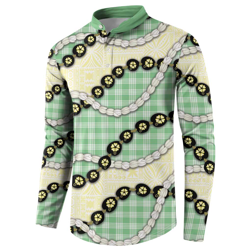Green Palaka Hawaii Button Sweatshirt Kukui Nut Pikake Lei Hawaiian Tapa Pattern - Polynesian Pride