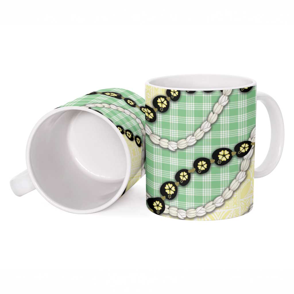 Green Palaka Hawaii Ceramic Mug Kukui Nut Pikake Lei Hawaiian Tapa Pattern - Polynesian Pride