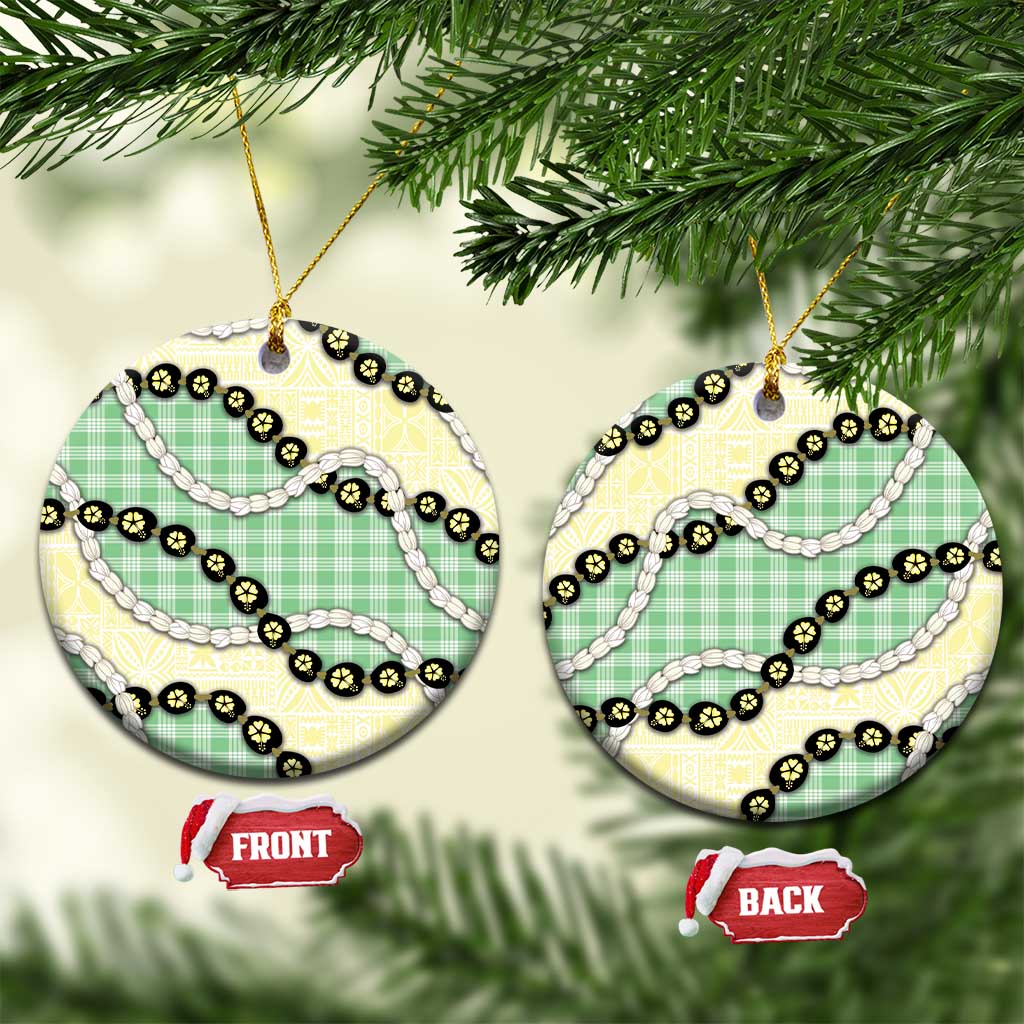 Green Palaka Hawaii Ceramic Ornament Kukui Nut Pikake Lei Hawaiian Tapa Pattern - Polynesian Pride