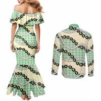 Green Palaka Hawaii Couples Matching Mermaid Dress and Long Sleeve Button Shirt Kukui Nut Pikake Lei Hawaiian Tapa Pattern - Polynesian Pride